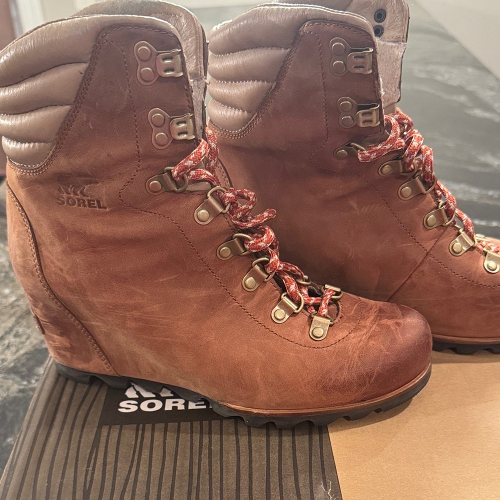 Sorel Tan Wedge Boots with Red Accents